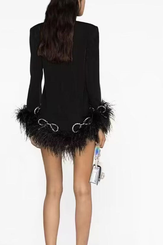Sparkly Rhinestone Bow V Neck Fuzzy Feather Trim Mini Party Dress - Black