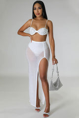 Sparkly Rhinestone Bra High Waist Split Mesh Maxi Two Piece Dress - White