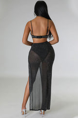 Sparkly Rhinestone Bra High Waist Split Mesh Maxi Two Piece Dress - Black