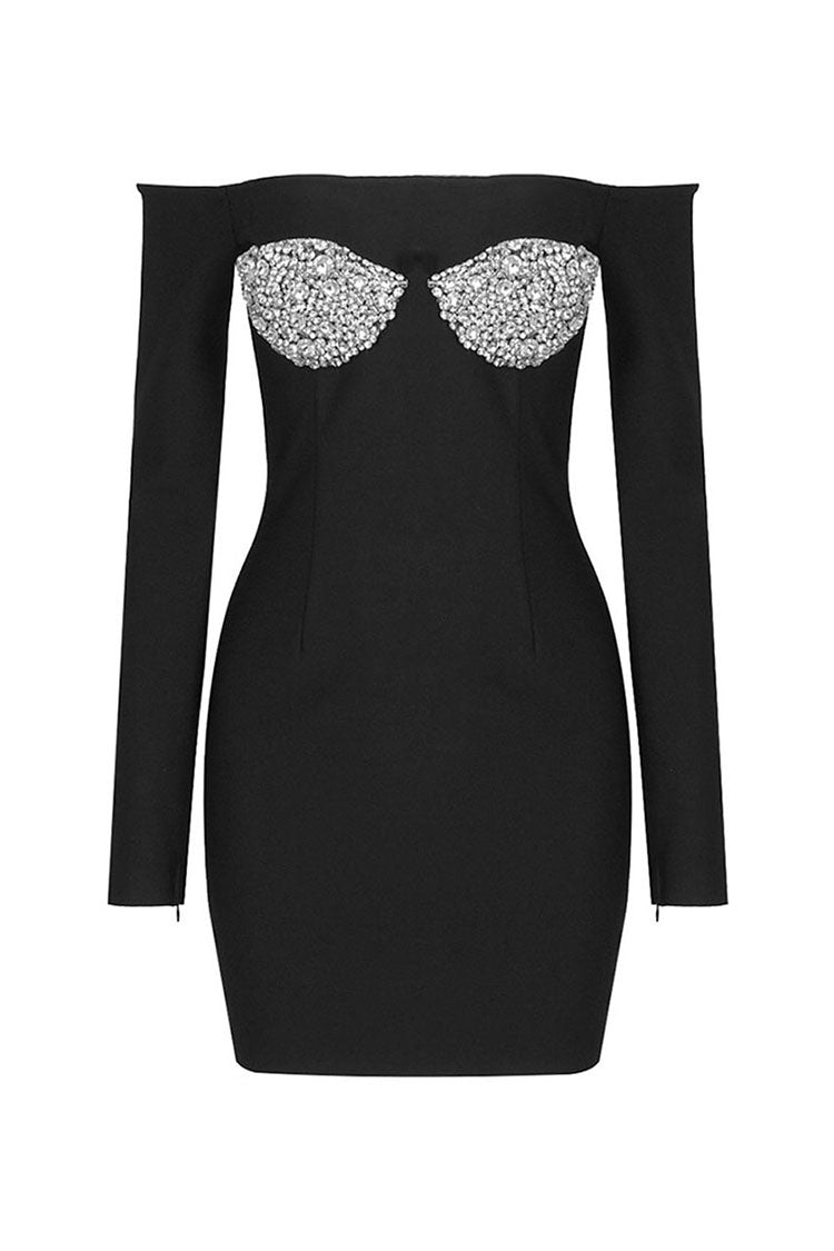 Sparkly Rhinestone Bra Off Shoulder Long Sleeve Bodycon Bandage Party Mini Dress