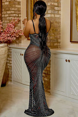 Sparkly Rhinestone Bustier Sheer Mesh Sleeveless Fishtail Evening Maxi Dress - Black