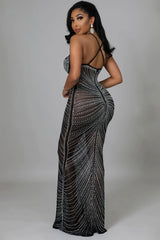 Sparkly Rhinestone Bustier Sheer Mesh Sleeveless Fishtail Evening Maxi Dress - Black
