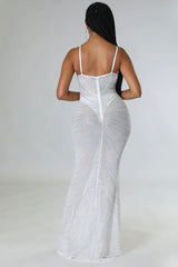 Sparkly Rhinestone Bustier Sheer Mesh Sleeveless Fishtail Evening Maxi Dress - White