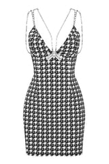 Sparkly Rhinestone Cami V Neck Houndstooth Print Knitted Slip Mini Dress - Black