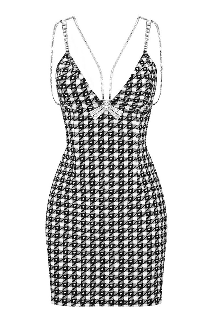 Sparkly Rhinestone Cami V Neck Houndstooth Print Knitted Slip Mini Dress - Black