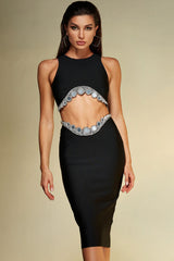Sparkly Rhinestone Crop Tank Top Drop Waist Midi Skirt Two Piece Dress - Black