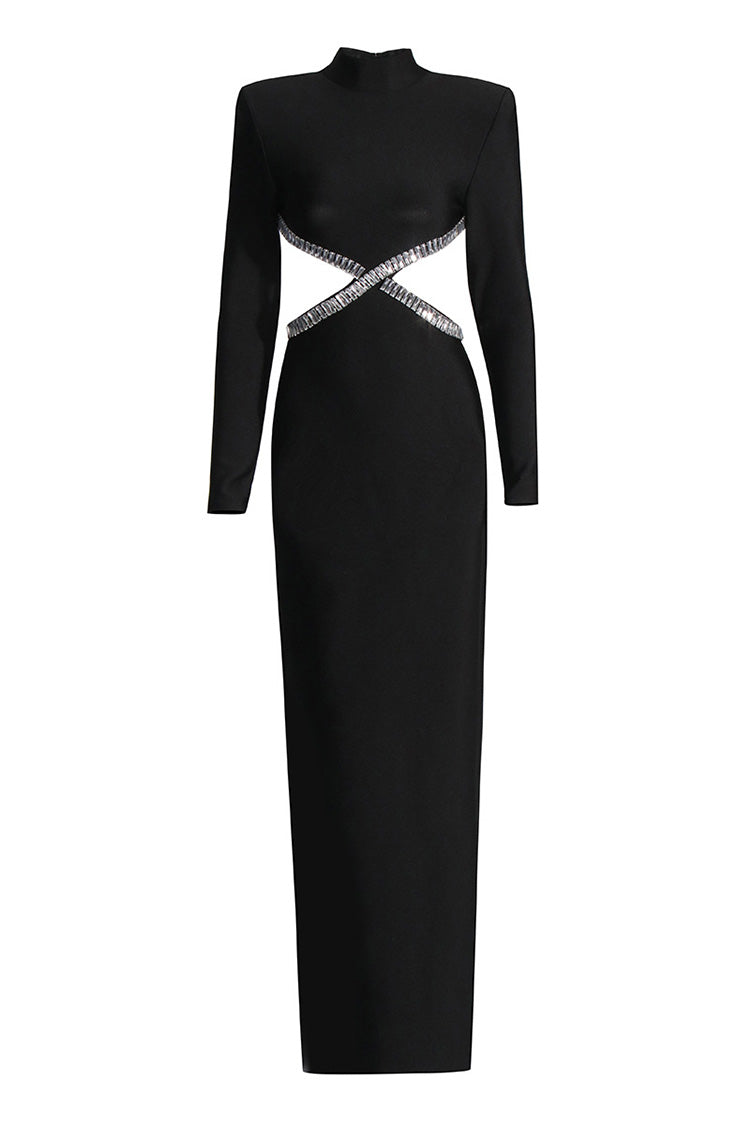 Sparkly Rhinestone Cutout Backless Long Sleeve Bandage Formal Maxi Dress