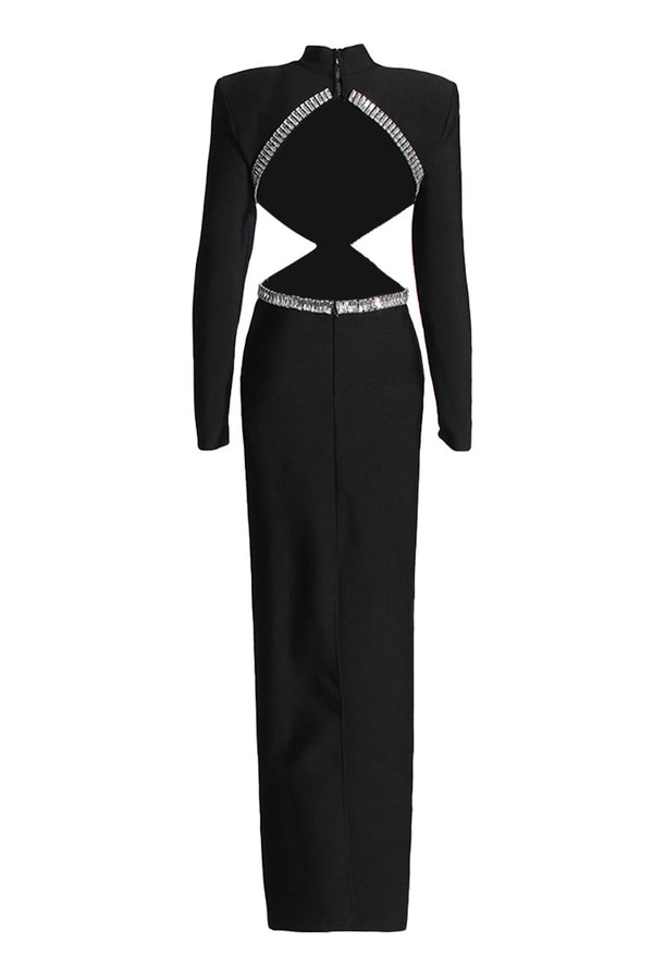 Sparkly Rhinestone Cutout Backless Long Sleeve Bandage Formal Maxi Dress