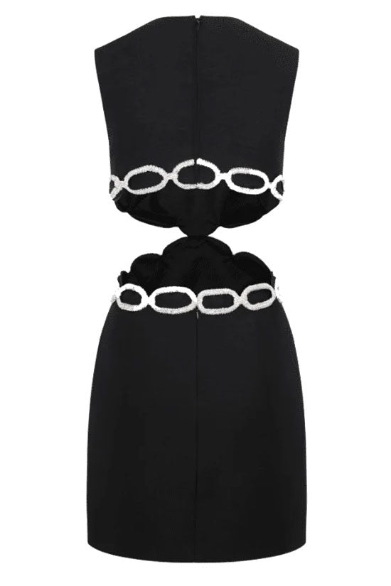Sparkly Rhinestone Cutout Side Pocket Bandage Sleeveless Party Mini Dress - Black