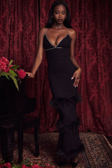 Sparkly Rhinestone Deep V Sleeveless Feather Trim Evening Maxi Dress - Black