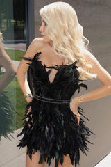 Sparkly Rhinestone Deep V Strapless Prom Party Feather Mini Dress - Black