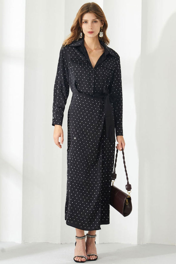 Sparkly Rhinestone Dotted Collared Long Sleeve Belted Shirt Midi Dress - Black