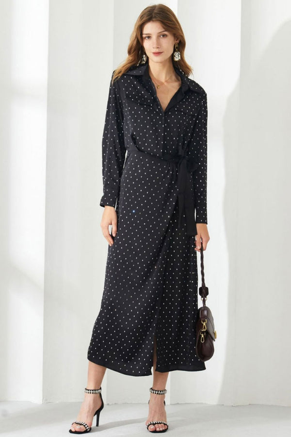 Sparkly Rhinestone Dotted Collared Long Sleeve Belted Shirt Midi Dress - Black