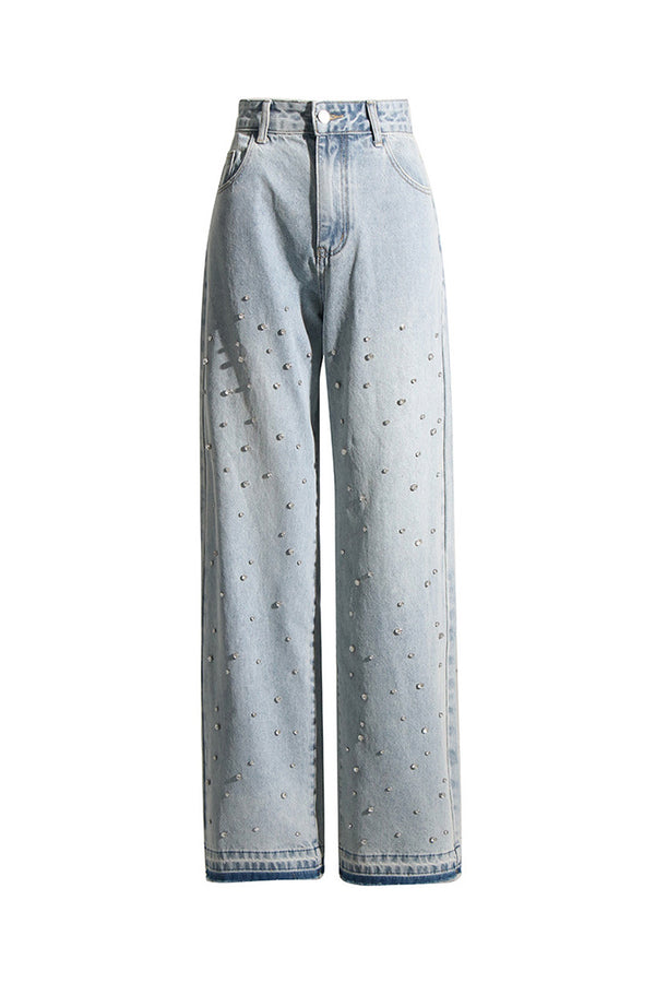 Sparkly Rhinestone Embellished High Waist Straight Leg Full Length Jeans