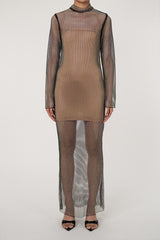 Sparkly Rhinestone Fishnet Mock Neck Long Sleeve Sheer Maxi Dress