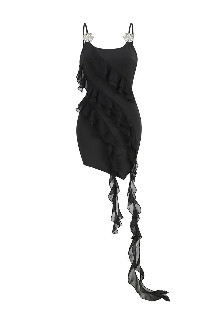 Sparkly Rhinestone Flower Brooch Sleeveless Draped Ruffle Party Mini Dress - Black