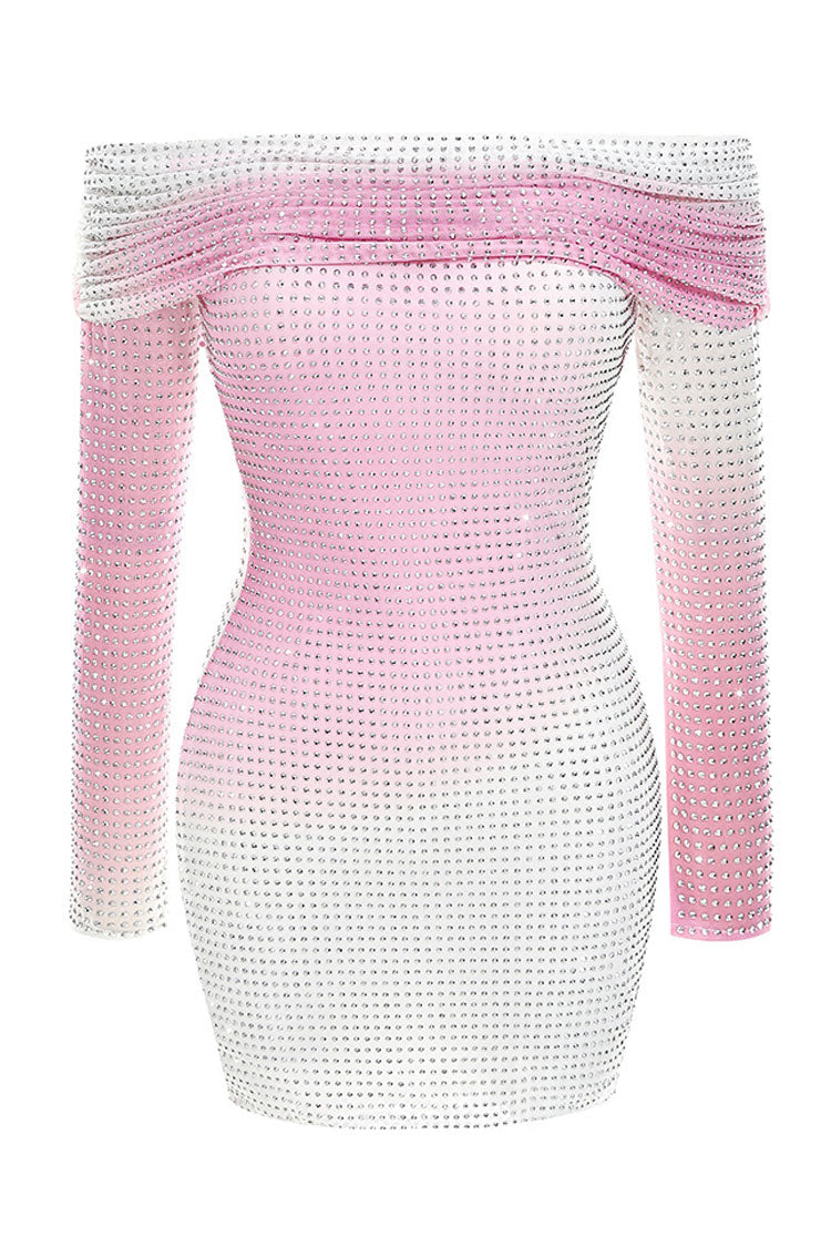 Sparkly Rhinestone Foldover Off Shoulder Ombre Mesh Party Mini Dress - Pink