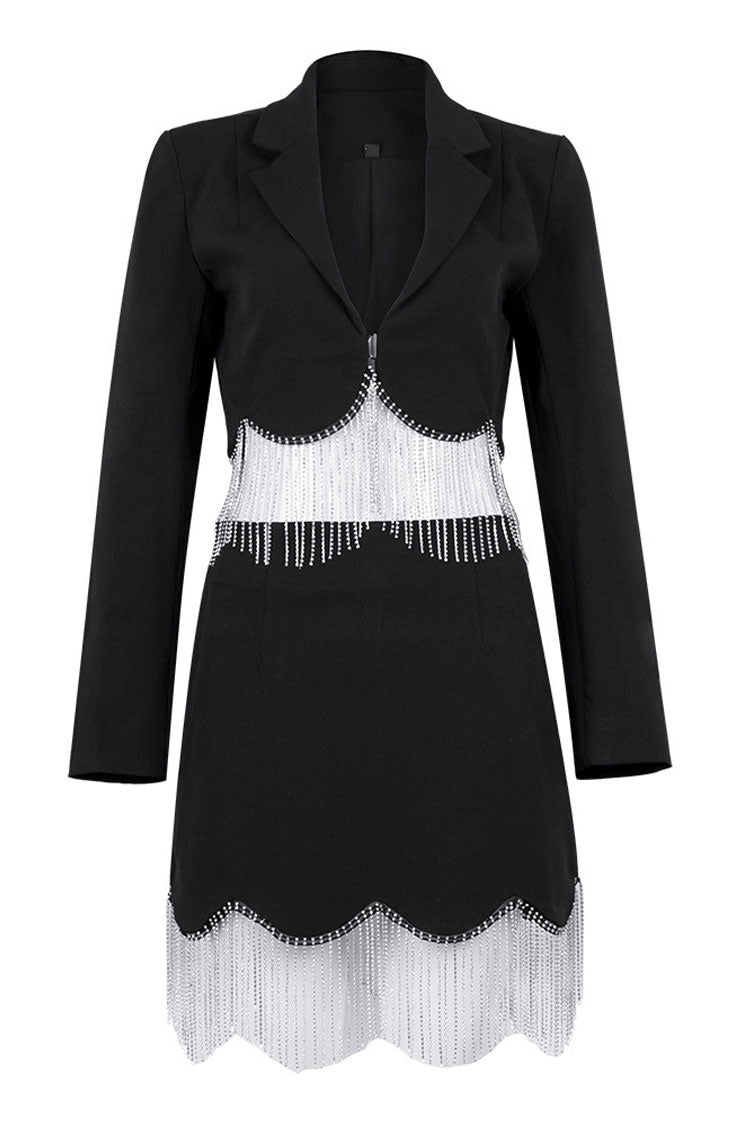 Sparkly Rhinestone Fringe Crop Blazer High Waist Skirt Two Piece Mini Dress - Black