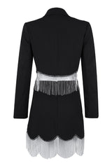 Sparkly Rhinestone Fringe Crop Blazer High Waist Skirt Two Piece Mini Dress - Black
