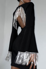 Sparkly Rhinestone Fringe Cutout Square Neck Long Sleeve Party Mini Dress - Black