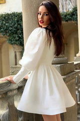 Sparkly Rhinestone Fringe High Neck Fit & Flare Long Sleeve Mini Party Dress - White