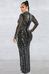 Sparkly Rhinestone Fringe Long Sleeve Sheer Evening Maxi Dress - Black