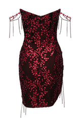 Sparkly Rhinestone Fringe Sequin Split Semi Sheer Corset Party Mini Dress - Burgundy