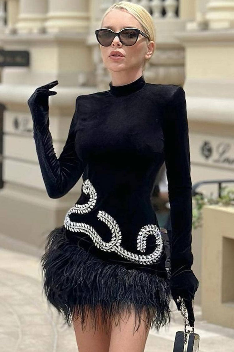 Sparkly Rhinestone Glove Long Sleeve Faux Feather Velvet Party Mini Dress - Black