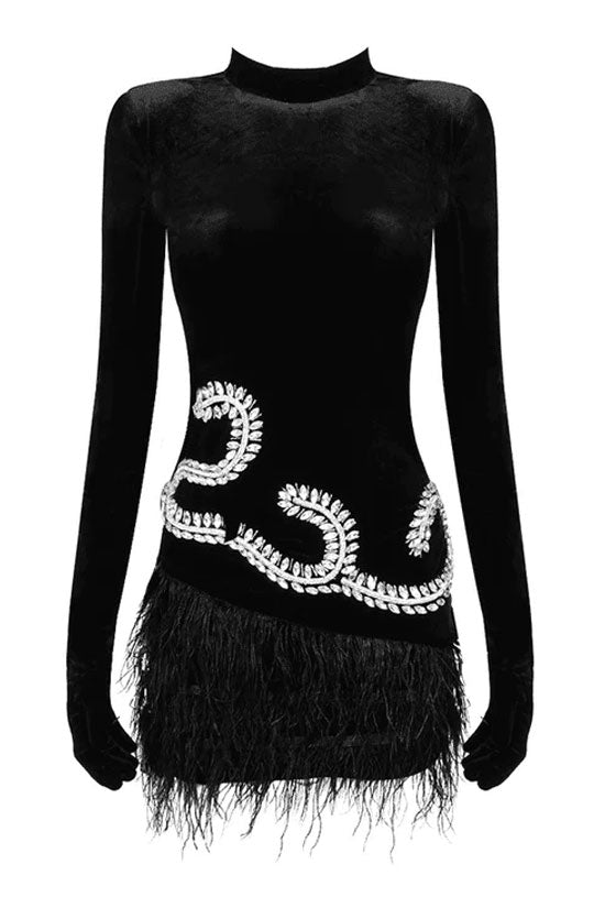 Sparkly Rhinestone Glove Long Sleeve Faux Feather Velvet Party Mini Dress - Black