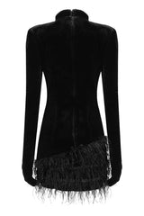 Opulent High Neck Glove Sleeve Crystal Detail Velvet Feather Mini Dress, Black / L