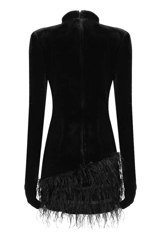 Sparkly Rhinestone Glove Long Sleeve Faux Feather Velvet Party Mini Dress - Black