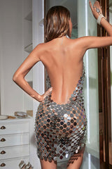 Sparkly Rhinestone Halter Backless Sheer Disc Sequin Club Mini Dress - Silver