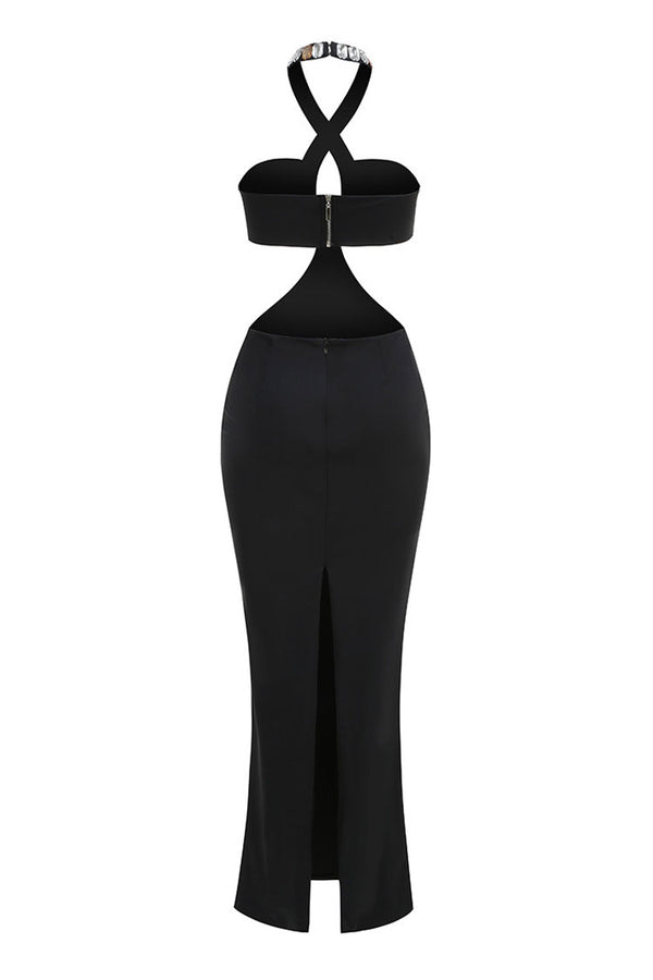 Sparkly Rhinestone Halter Cutout Bra Split Sheath Jersey Evening Maxi Dress