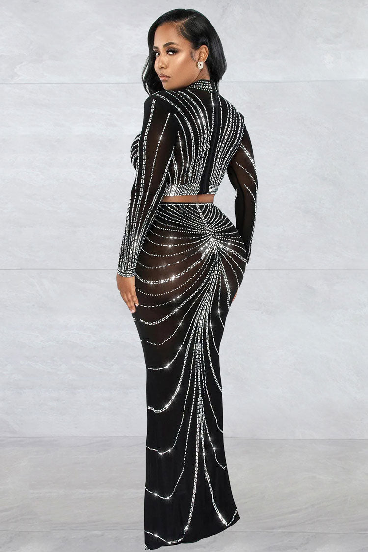 Sparkly Rhinestone High Neck Crop Top High Waist Two Piece Maxi Dress - Black
