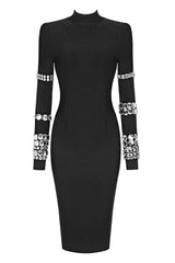 Sparkly Rhinestone High Neck Long Sleeve Bodycon Bandage Knit Midi Dress - Black