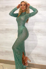 Sparkly Rhinestone High Neck Sleeved Sheer Mesh Split Evening Maxi Dress - Green