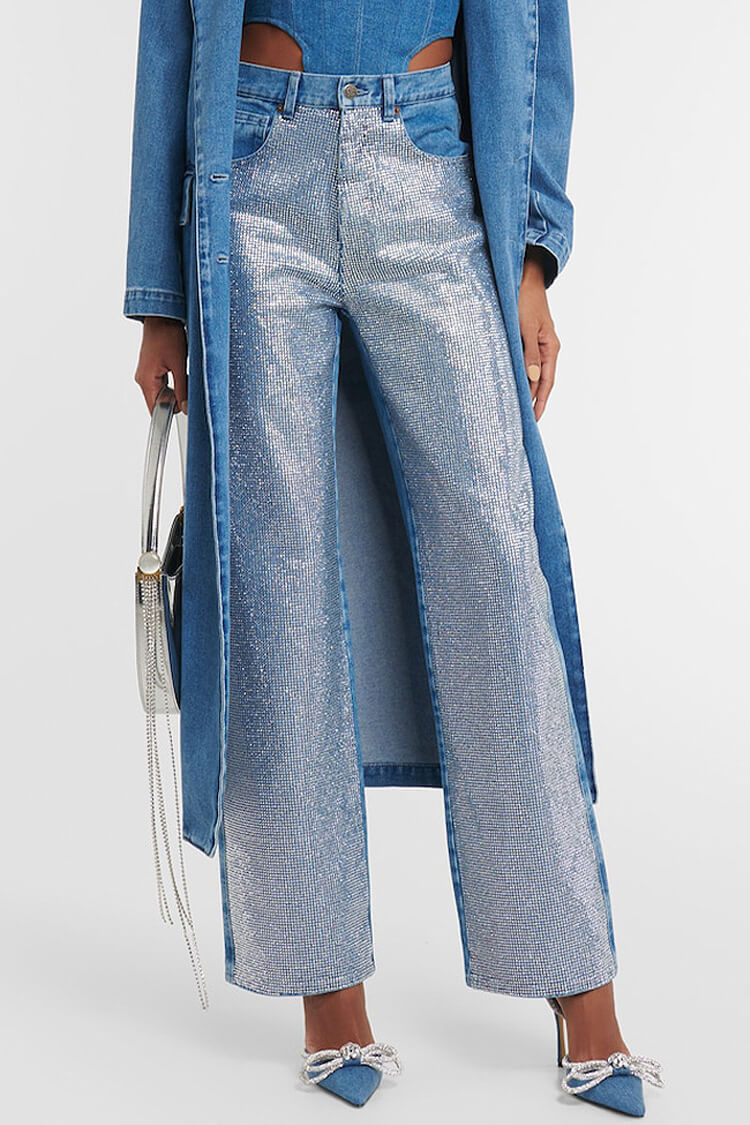 Sparkly Rhinestone High Waist Full Length Straight Leg Denim Jeans