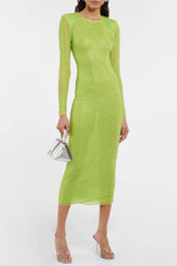 Sparkly Rhinestone Long Sleeve Bodycon Mesh Sheer Midi Dress - Sage Green