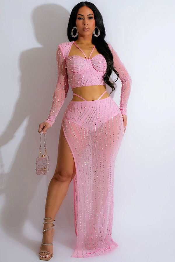 Sparkly Rhinestone Long Sleeve Crop Top High Waist Two Piece Maxi Dress - Pink