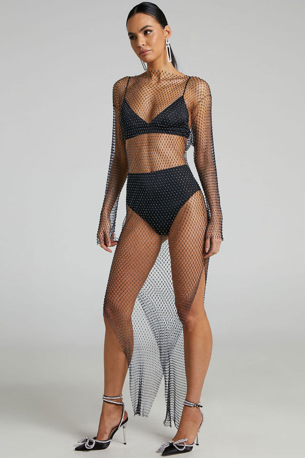 Sparkly Rhinestone Long Sleeve Split Fishnet Sheer Club Maxi Dress - Black