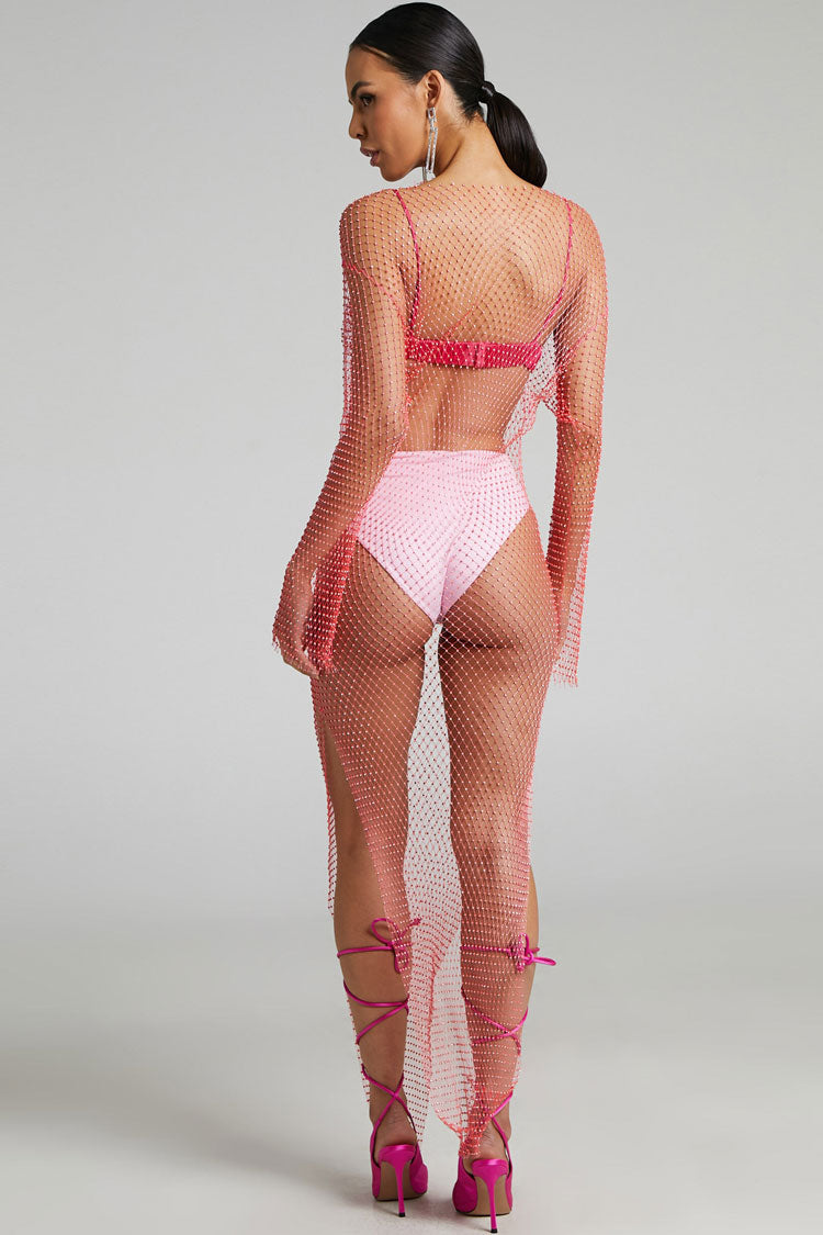 Sparkly Rhinestone Long Sleeve Split Fishnet Sheer Club Maxi Dress - Hot Pink