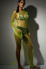 Sparkly Rhinestone Long Sleeve Split Fishnet Sheer Club Maxi Dress - Neon Green