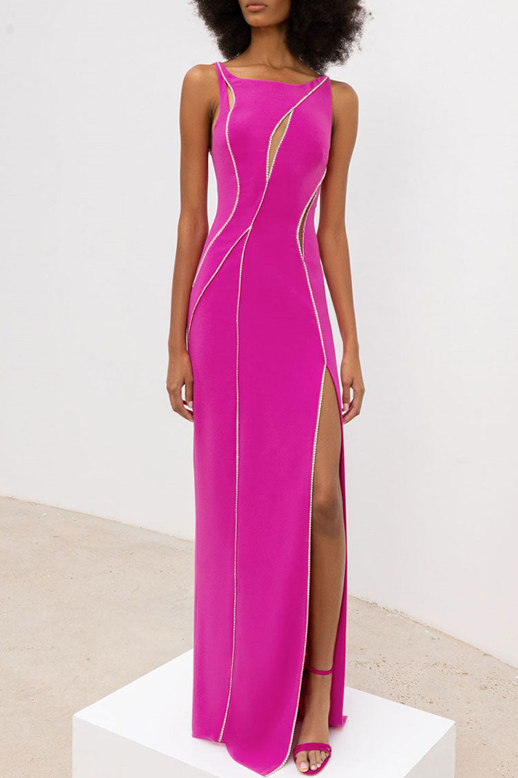 Sparkly Rhinestone Mesh Panel Sleeveless Split Evening Maxi Dress - Hot Pink
