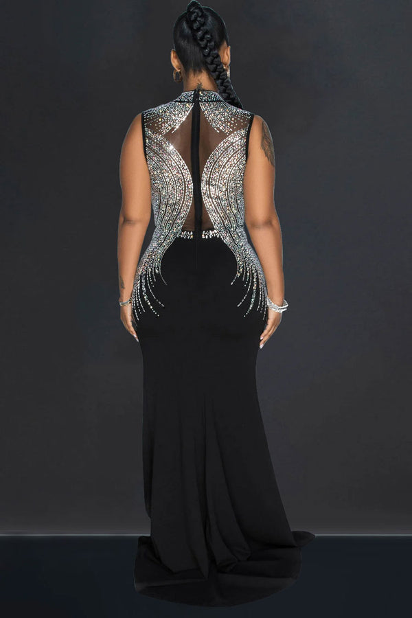 Sparkly Rhinestone Mock Neck Sheer Panel Evening Maxi Dress - Black