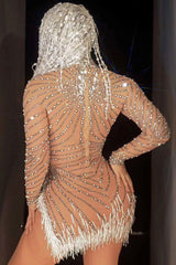 Sparkly Rhinestone Pearl High Neck Sheer Mesh Fringe Split Party Mini Dress - Nude