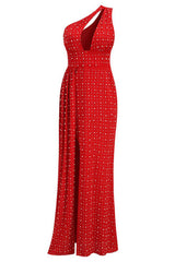 Sparkly Rhinestone Pearl One Shoulder Cutout Draped Split Evening Maxi Dress - Red