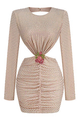 Sparkly Rhinestone Rosette Cutout Backless Mesh Ruched Party Mini Dress - Apricot