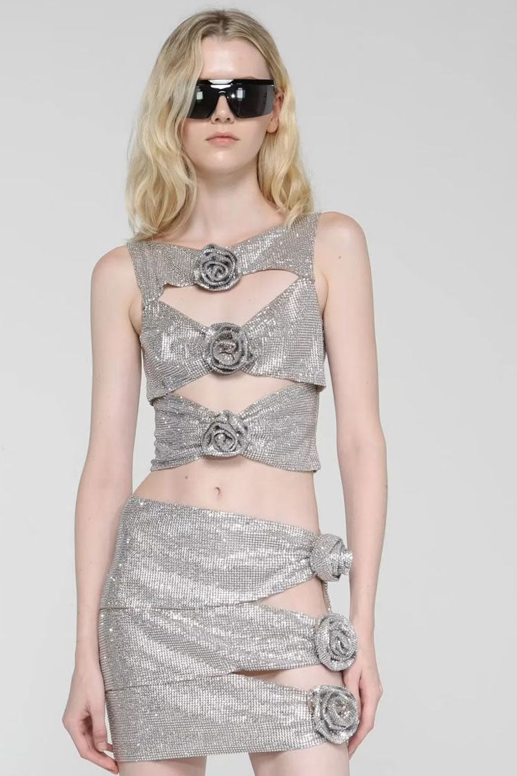 Sparkly Rhinestone Rosette Cutout Mesh Top Mini Skirt Two Piece Dress - Silver
