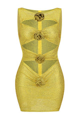 Sparkly Rhinestone Rosette Cutout Semi Sheer Mesh Sleeveless Party Mini Dress - Yellow