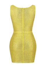 Sparkly Rhinestone Rosette Cutout Semi Sheer Mesh Sleeveless Party Mini Dress - Yellow
